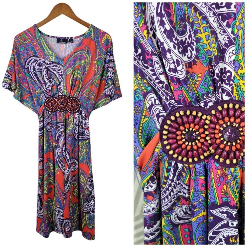 Y2K Stretch Shirt Dress Size Large slinky Casual Beaded Tie Waist Paisley Vtg